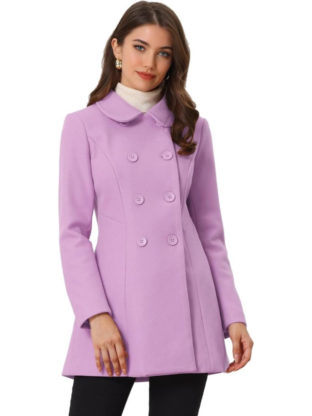 Women's Purple Fully lined Peter Pan Collar Double Breasted Long Trench Pea Coat